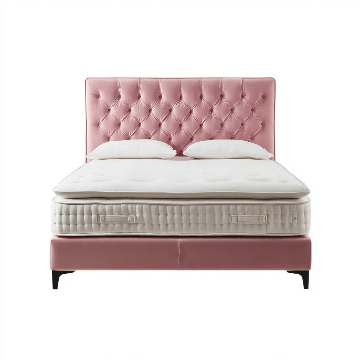 Letto matrimoniale imbottito rosa 180 x 200 cm in velluto di poliestere con testiera capitonné e materasso