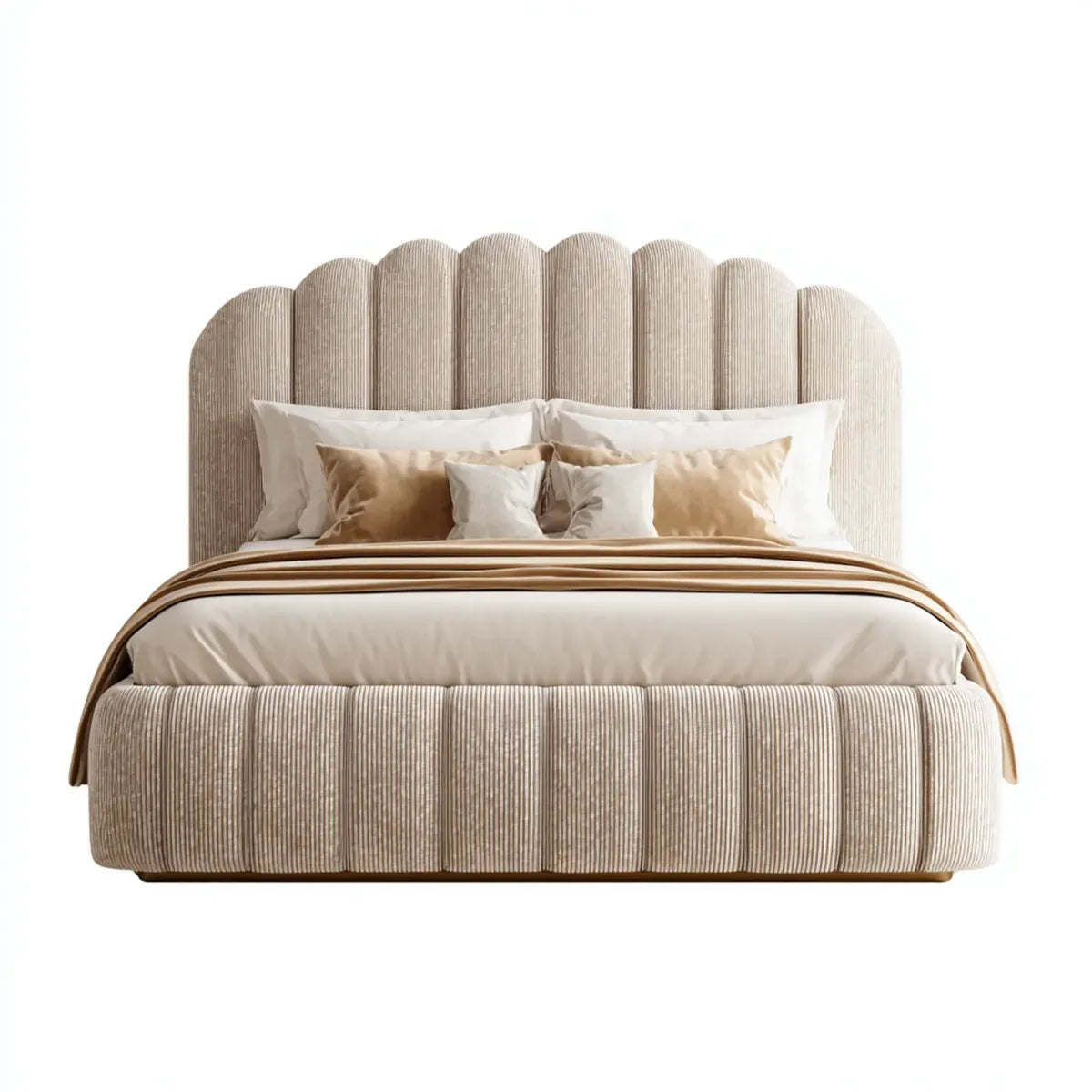 Letto matrimoniale imbottito beige 180 x 200 cm in poliestere a coste con testiera ad arco