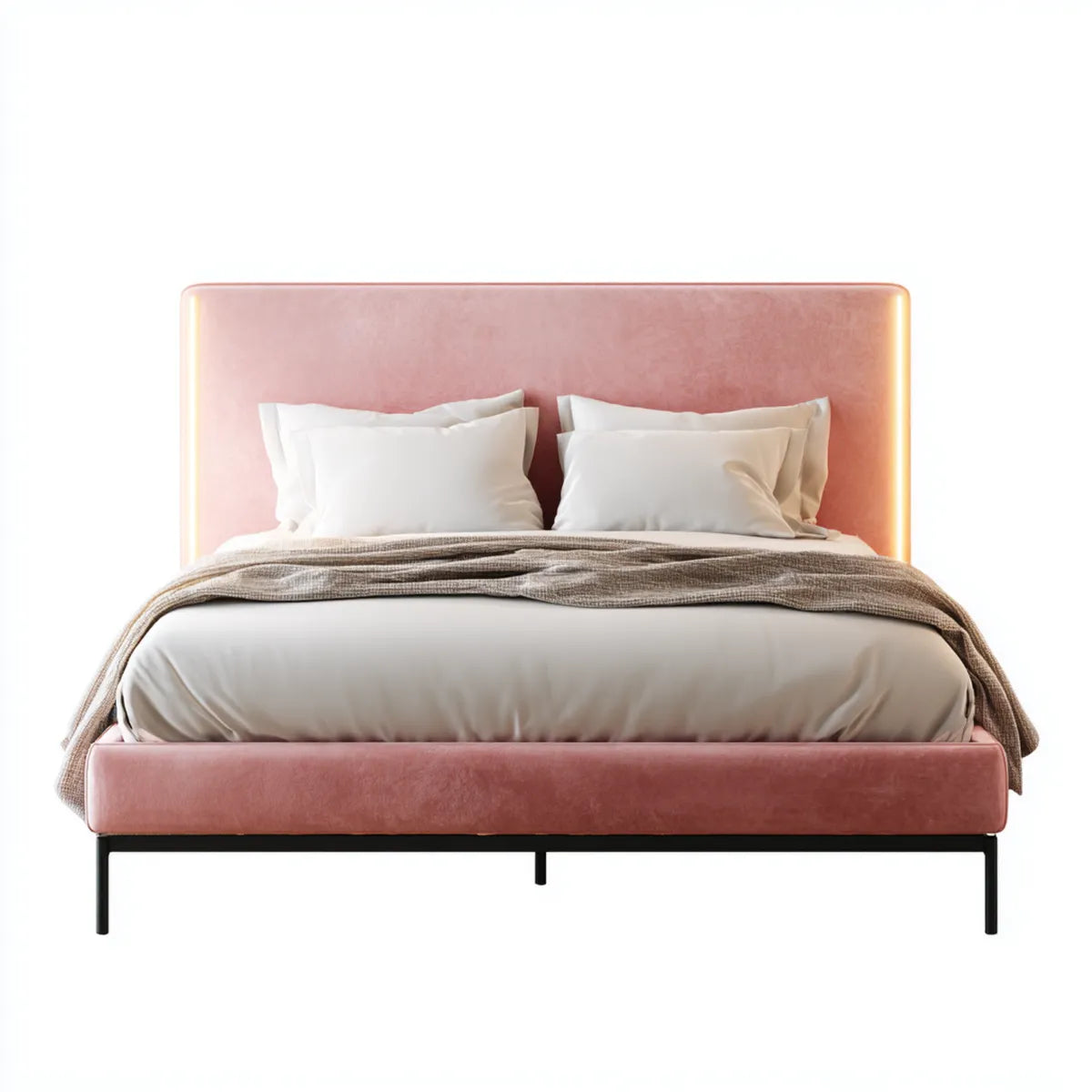Letto matrimoniale imbottito rosa 160 x 200 cm in velluto di poliestere con testata LED rettangolare