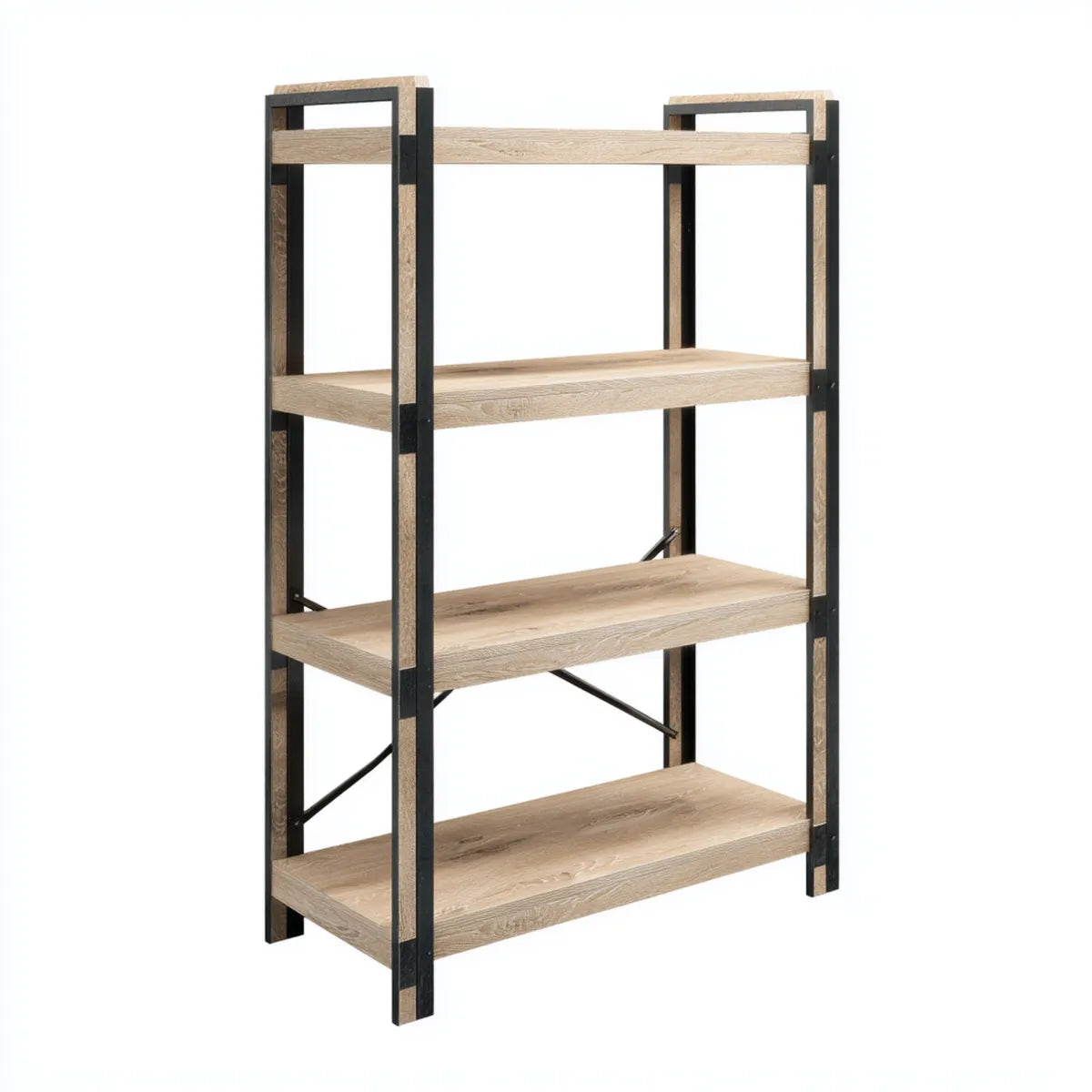 Scaffale libreria da ufficio rovere chiaro e nero 80 x 35 x 150 cm in pannello truciolare e acciaio rettangolare a 4 ripiani